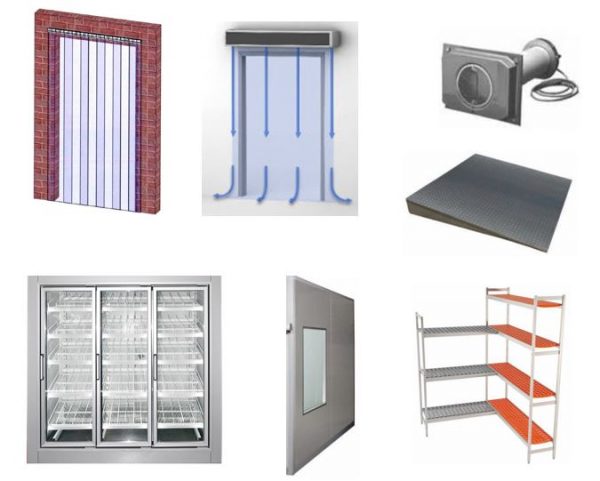 Acessórios de apoio a câmaras frigoríficas, Cortina de Lamelas, Cortina de Ar, Portas ou Janelade Vidro, Prateleiras Aluminio, etc.