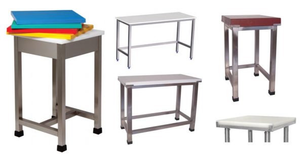 Mesas de Corte ou Cepos de Corte, estruturas em tubo inox quadrado ou redondo, com placas de polietileno com opções de várias espessuras ou cores